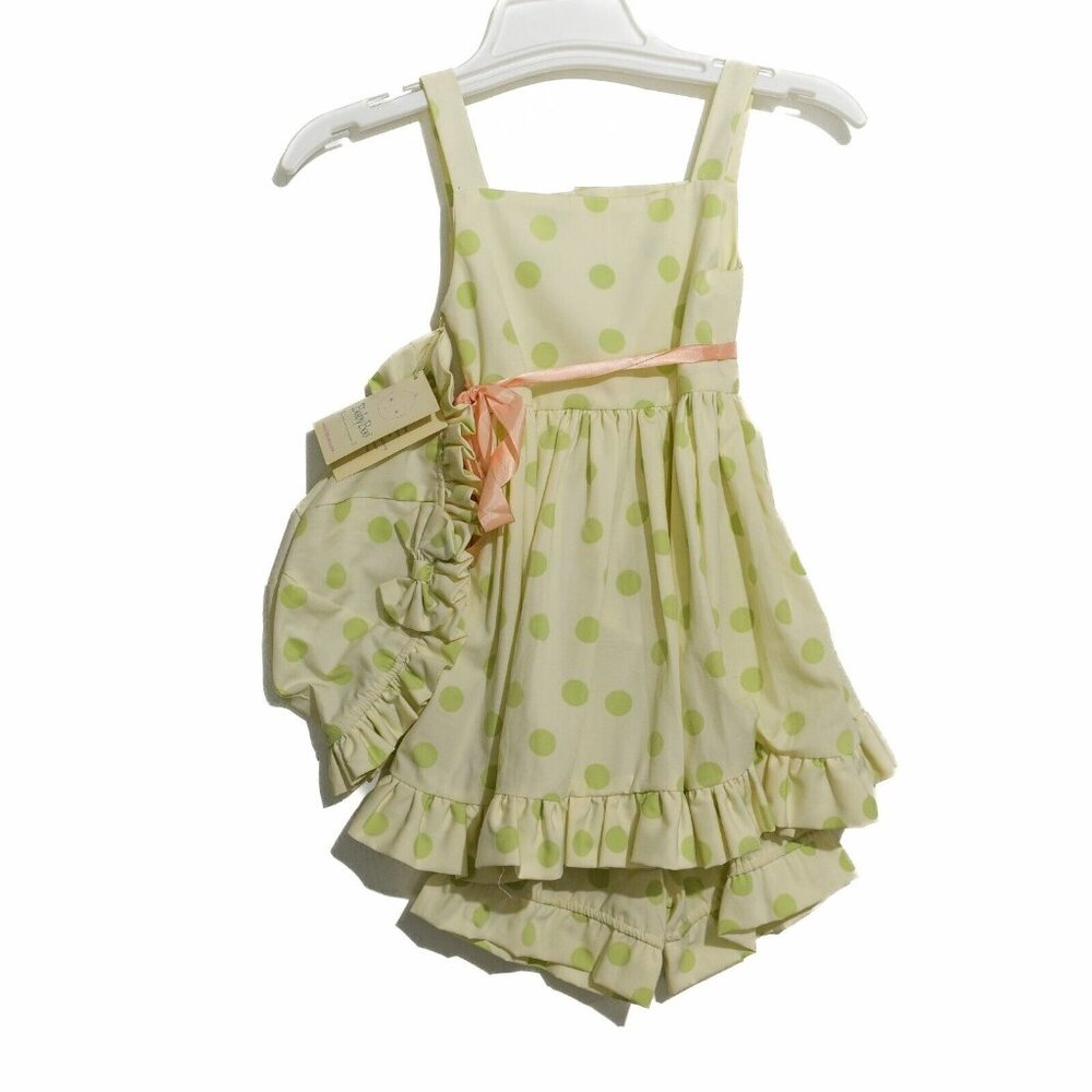 Baby Boo Girls Green Polka Dots Sun Dress Set Ruffle Hem Sleeveless with Hat 24M
